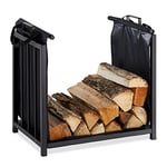 Relaxdays 10028774 Support bois de cheminée Sac pour bûches, intérieur, design moderne, Etagère, acier, HlP 50x51x37cm, noir, Taille Unique