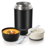 WayEee Food Flask, Stainless Steel King Food Jar with Folding Spoon 710ml (Black)