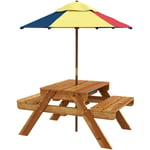 Ensemble table de pique-nique enfant 4 places avec parasol et 2 bacs - Marron