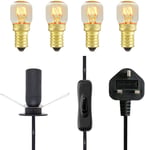 Salt Lamp Replacement Light Fitting With Button + 4 Units Of 15 Watt E14 Incandescent Oven Bulb. Black Power Cord Cable Comes With Certified E14 Bulb Holder, Button And British Standard Plug