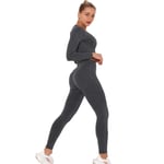 Xinyuan Women's Dark Grey Stretch Fit Yoga Suit Tracksuit Lounge Wear, Long Sleeve Crop Tops + High Waist Leggings 2 Pcs Set, Gym Running Outfit Dark Gray-M