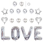 Ceqiny Love Balloons Decorations Silver Love Foil Balloon Star Heart Aluminum Foil Balloon Confetti Latex Balloon Kit Gift Balloons for Anniversary Valentines Day Wedding Bridal Shower Party Supplies