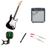 Fender Squier Debut Stratocaster Electric Guitar Kit for Beginners, includes Amplifier, Cable, Strap, and Tuner, Black