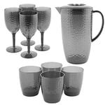 Cambridge COMBO-8600 Fete Serving Set, With Jug, Tumblers, Wine Glasses, Diamond Design, 9 Piece Set, BPA Free Plastic Cups for Outdoor Use, Parties, Holiday Homes & Camping/Caravans, Reusable, Grey