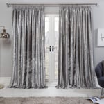 Sienna Crushed Velvet Curtains Pencil Pleat Pair of Fully Lined Tape Top Thermal Panels, Silver Grey - 90" x 90"
