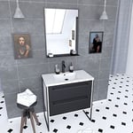 AURLANE Pack Meuble de Salle de Bain 80x50 Blanc - 2 tiroirs + Vasque resine Blanche + Miroir Noir Mat