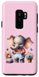 Coque pour Galaxy S9+ Bébé éléphant rose en tenue, fleurs et papillons