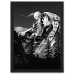 Moonrise Behind Half Dome High Contrast Black White Photograph Yosemite National Park Full Moon and Mountain Forest Landscape Artwork Framed Wall Art