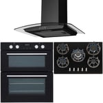 SIA 60cm Built Under Double Electric Fan Oven, 70cm Black Gas Hob & Curved Hood