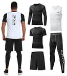 BUYJYA 5Pcs Men's Compression Pants Shirt Top Long Sleeve Jacket Athletic Sets Gym Clothing Mens Workout Valentine's Day gift, Vest-white, XXL