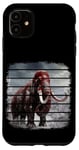 iPhone 11 Retro black and red woolly mammoth on snow, clouds, art. Case