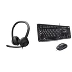 Logitech H390 Wired Headset for PC/Laptop, Stereo Headphones with Noise Cancelling Microphone - Black & MK120 Wired Keyboard and Mouse Combo, QWERTY US International Layout - Black