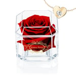 Eternal Petals A Real Rose That Lasts Years, Handmade in UK – Gold Solo with Gift Box, 18 ct Gold plated Heart Necklace with Clear Crystal and Love Message Greeting Card (Deep Red)