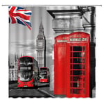 London Shower Curtain Red Telephone Booth in Street Romantic City Scenery Old UK Street Big Ben Vintage England Flag Retro Fabric Bathroom Curtain Set 180x180cm with Hooks