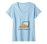 Womens I Work On Computers - Funny Cat Lovers Coding Programming V-Neck T-Shirt