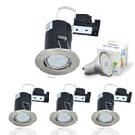 4X Brushed Chrome Fire Rated Downlights GU10 LED Recessed Ceiling Spot Lights Dimmable Downlighters 68mm Cutout 240V with 5W Cool White Bulbs