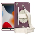 HUEZOE Étui pour iPad 10,2" 9/8/7 génération (modèle 2021/2020/2019), Coque de Protection Antichoc avec béquille rotative à 360 degrés, dragonne et Porte-Crayon, Rose foncé
