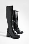 Womens Platform Croc Block Heel Knee High Boots - Black - 8, Black