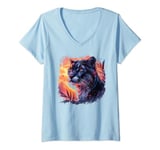 Womens Cool black cougar sunset mountain lion puma animal anime art V-Neck T-Shirt