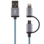 Ny Tygklädd USB-Kabel med både lightning-kontakt och Micro USB (blå)