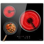 Noxton - Plaque de cuisson en céramique intégrée 3 feux, Table de cuisson électrique en verre cristal noir avec commande tactile, Minuterie,