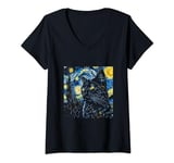 Womens Starry night Black Cat Van gogh V-Neck T-Shirt