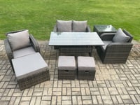 Rattan Outdoor Garden Furniture Set Rectangular Dining Table and Chair Sofa Set With Side Table 3 Footstools