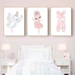 zszy Pink Swan Princess Nursery Wall Art Canvas Painting Ballerina Posters and Prints Nordic Kid Baby Girl Room Decor Picture-30x40cmx3 pcs no frame