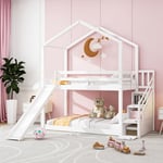 Lit cabane pour enfant, lit superposé avec toboggan et échelle de rangement, cadre de lit superposé en bois massif avec sommier à lattes 90 x 200 cm,