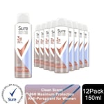 Sure Anti-Perspirant 96H Maximum Protection Deodorant Clean Scent 150ml, 12 Pack