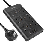 Surge Protected Extension Lead, AUOPLUS 6 Gang Power Strip with 4 USB Port, Multi Plug Charging Station Compatible with iPhones/Tablet/Laptops, Power Extension for Home & Office - 2 Meter Cord (Black)