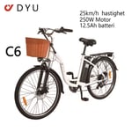 DYU C6 Elcykel 350W Motor 26 Tums Däck 36V 12.5Ah Batteri 70KM Körsträcka Skivbroms Elcykel Lämplig för Vuxna och Tonåringar- Vit