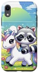Coque pour iPhone XR Kawaii Raccoon on Unicorn Daydream