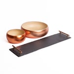 Serveware Set with Medium and Large Bamboo Serving Bowls and Slate Serving Platter with Copper Handles