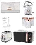Rose Gold & White Marble Tower Kitchen Set of 9 - Digital 20 Litre Microwave, 1.7L Bottega Kettle & 2 Slice Toaster, Retro Bread bin, 3 Canisters, Towel Pole and 6 Mug Tree