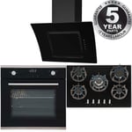 SIA 60cm Single Electric Oven, Black Gas 70cm Hob & Curved Glass Cooker Hood
