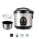MOOSUM Cuiseur riz (rice cooker) & cuiseur à vapeur Noir avec fonction de maintien au chaud - 0,8 l pour 2-5 personnes - Revêtement céramique avec insert pour cuiseur à vapeur, Argenté