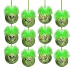12-pack Grinch-kulor för julgran - Gröna tomtar med fluffigt hår Dekorationer (FMY) 12pcs