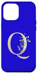 Coque pour iPhone 12 Pro Max Lettre Q élégante en feuille d'or avec motif floral Bleu