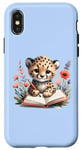 Coque pour iPhone X/XS Adorable guépard écrit dans un carnet sur fond bleu