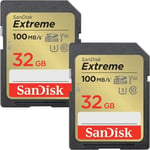 SanDisk 32 Go Extreme carte SDHC (paquet de 2) + RescuePRO Deluxe, jusqu'à 100 Mo/s, UHS-I, Classe 10, U3, V30