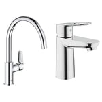 GROHE BauEdge Kitchen Tap, Tool Less Fitting, Chrome Mixer Tap 31367001 & 23337000 | BauLoop Basin Mixer Tap