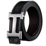 Ny Stil Business Fritid Äkta PU Läder H Slät Spänne Litchi Korn Bälte För Män (FMY) Black   Silver