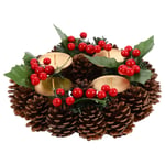 Amosfun Traditional Christmas Advent Wreath Decoration 4 Candles Holder Christmas Centerpiece Table Decorations with Pine Cone Ribbon Holly Berry Ornaments Red