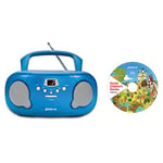 Groov-e Orginal Boombox & Kids Story CD Bundle - Portable CD Player with Radio, 3.5mm Aux Port, & Headphone Socket - CD Features 10 Classic Children's Stories - Battery or Mains Powered - Blue