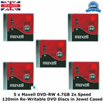 5 x Maxell DVD-RW 4.7GB 2x Speed 120min Re-Writable DVD New Discs in Jewel Cased