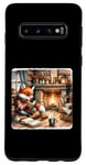 Galaxy S10 Fox Reads By Fireplace In Cabin. Rustic Book Cozy Cup Tea Case