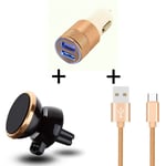 Pack Voiture pour JBL FLIP 5 (Cable Chargeur Metal Type C + Double Adaptateur Allume Cigare + Support Magnetique) - OR