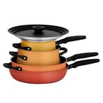 Meyer Accent Spark Induction Hob Pan Set - 6 Piece Stackable Pots and Pans Set with Universal Lids & Anti Spill Shape, Mix of Stainless Steel & Non Stick Cookware