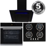Black Touch Control 10 Function Single Oven, 4 Burner Gas Hob & LED Angled Hood
